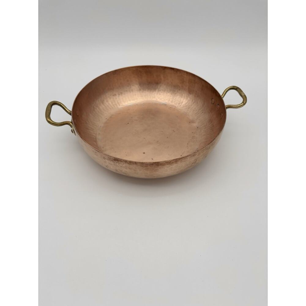 Vintage Copper Pan 9” Zint Handarbeit Brass Handles Hammered Rustic